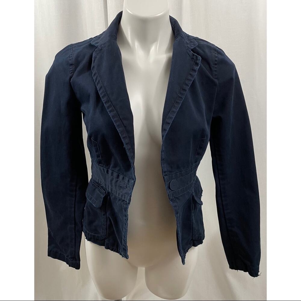 J. Crew Blazer Blue Distressed Tailored Open 100% Cotton Long Sleeve